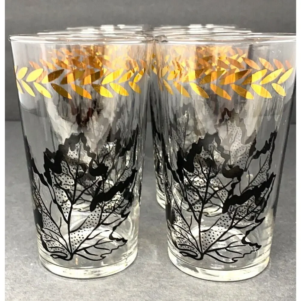VTG Federal Glass Black Oak Leaf Gold Laurel Tumblers Set 6 MCM Drinking Glasses